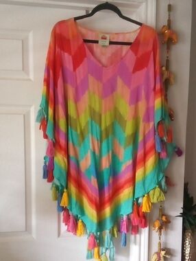 FARM RIO Colorful Chevron Tassel Poncho